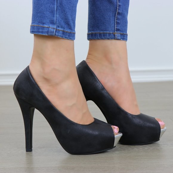 Sexy Black Metallic Peep Toe Platform High Heels - Picture 4 of 10